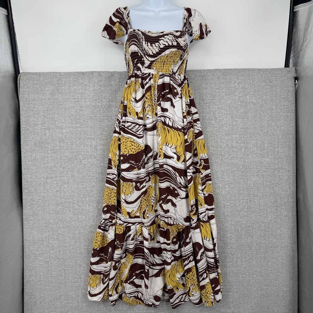 Anthropologie Panther Ruffled Maxi Dress Size XS Boho Cottage Fairy Animal Funky
